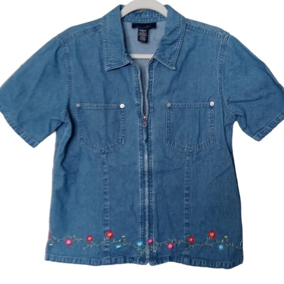 Denim & Co Blue Denim Zip-Up Top Shirt Blue Shacket Jacket Floral Embroidery - Picture 6 of 6